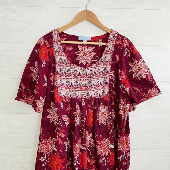 Only Necessities Burgundy red Poinsettia house dress pockets 22/24 1X - Picture 2 of 6